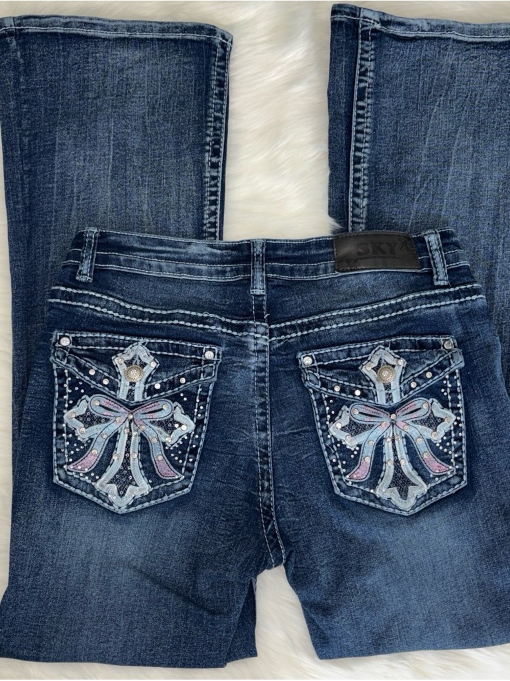 Sky Dark Blue Embellished Women’s Jeans with Cross Bow Pocket Detail